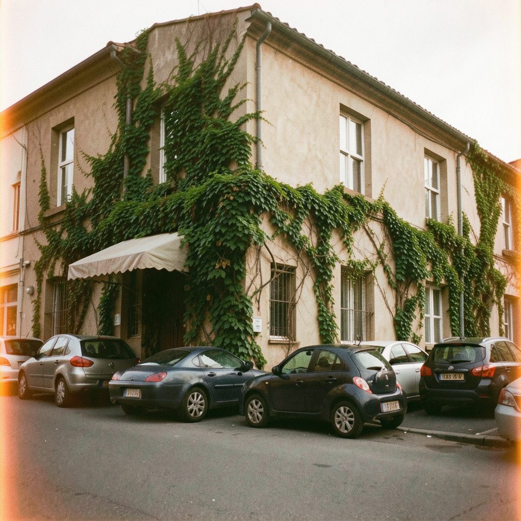 Street view of a stucco building with ivy climbing the walls, an awning, and several cars parked along the curb, grainy analog film photograph