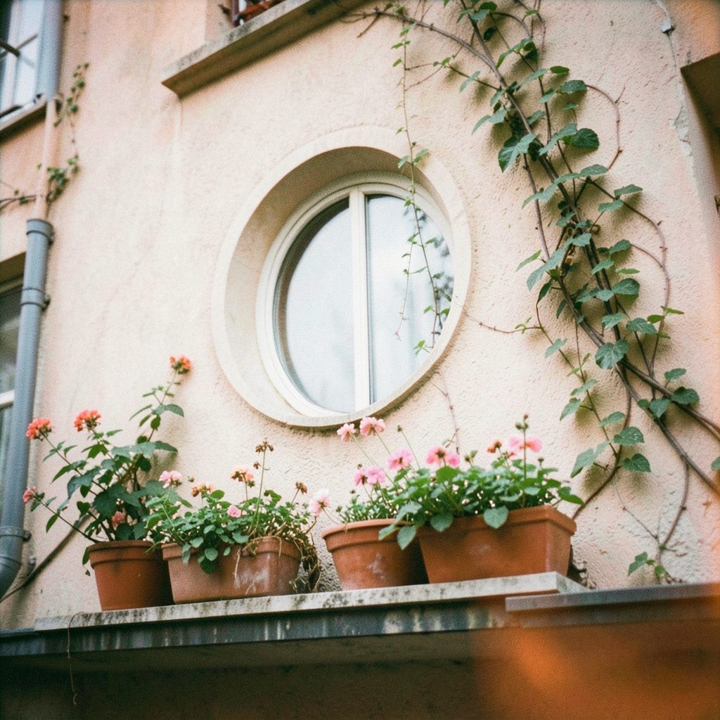 Close view of a building exterior with a round window, climbing vine, and potted flowering plants on a balcony ledge, grainy analog film photograph