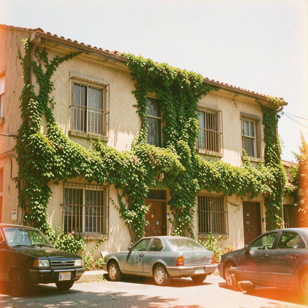 Exterior view of a two-story stucco building covered in green ivy, with barred windows and cars parked outside on a sunny day, grainy analog film photograph